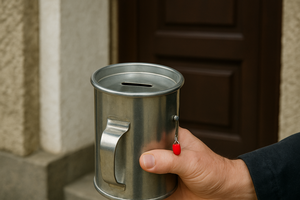 Eine Person steht mit Spendendose vor der Tür. 